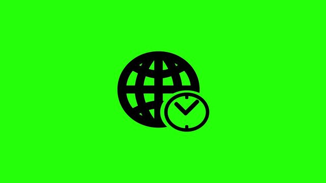 Premium 4K presentation showing a grid lines globe world map with an international clock face silhouette bouncing. Perfect global logistics web icon.