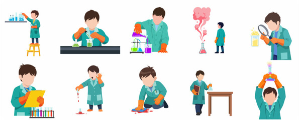 Fototapeta premium Collection of Little Scientist Boy Characters Conducting Chemistry Experiments in Laboratory