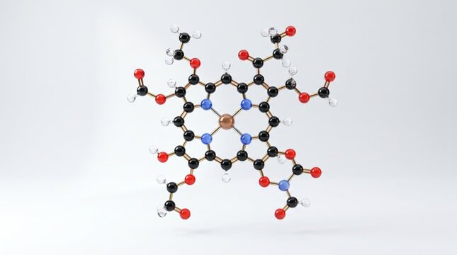A 3D molecular model of a porphyrin derivative, likely a metalloporphyrin, showcasing its complex ring structure and attached functional groups.