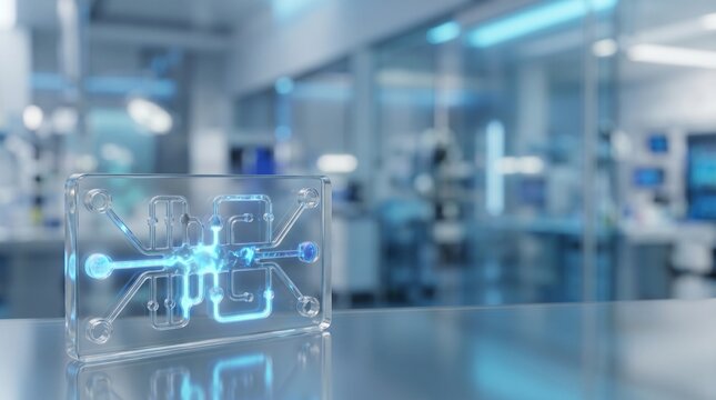 A clear microfluidic chip with glowing blue channels sits on a reflective surface in a modern laboratory.