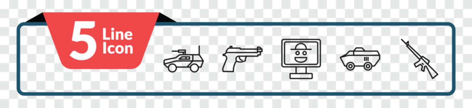 outline army and war icons set - armored vehicle, pistol, military vehicle, automatic gun. editable vector for web and mobile ui