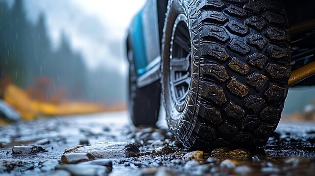 Offroad 4x4 Truck Tire on Wet Rocky Trail.