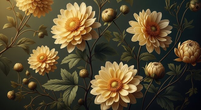 Vintage botanical illustration golden dahlia blooms and buds on dark background