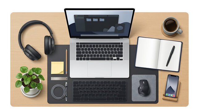 Modern workspace top view with laptop and digital accessories