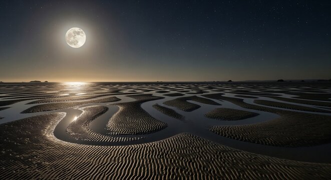 A wide sandy beach at low tide showing unique rippled patterns in the wet sand. A bright full moon shines in the dark night sky, casting a strong golden reflection across the water channels