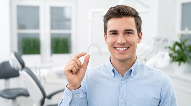 Portrait d'un jeune homme s&eacute;duisant et souriant montrant une goutti&egrave;re dentaire transparente dans un cabinet dentaire moderne. Concept d'orthodontie et de soins dentaires