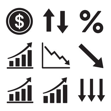 Financial Analytics Icon Set with Dollar Coin, Percentage Symbol and Growth Charts