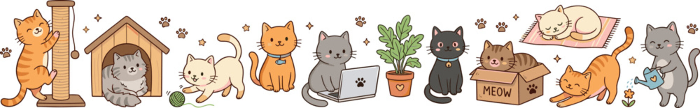 Cute Cartoon Cats Routine Vector Illustration Set with Funny Kittens Playing Sleeping Scratching and Working on Laptop for Pet Lover Kawaii Graphic Designs