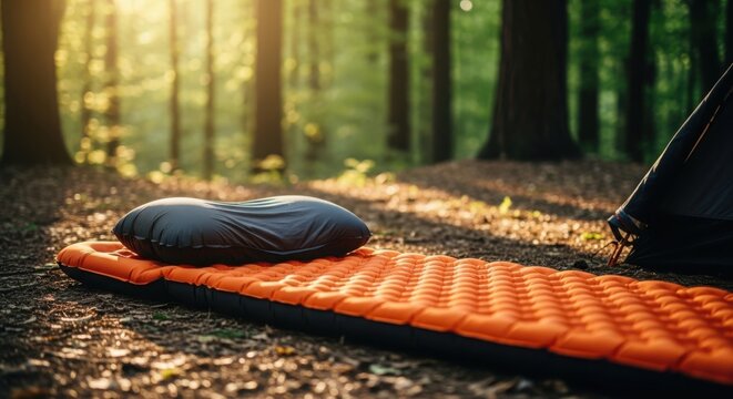 Camping sleeping pad and pillow in forest