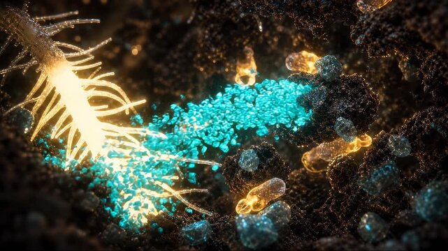 Microscopic Bioluminescent Roots Absorbing Glowing Blue Nutrient Particles in Dark Soil