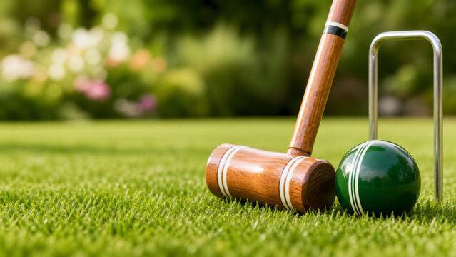 Lawn games backyard summer scene featuring croquet mallet and ball on green grass
