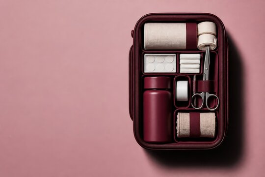 Calm travel essentials neatly packed in a burgundy case for organized everyday routines and minimalist wellness on the go