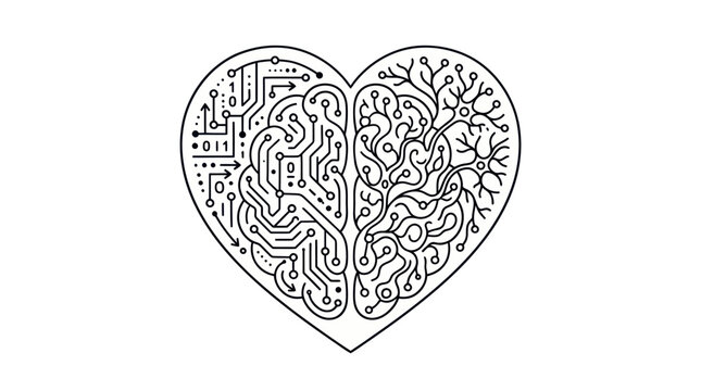 Heart Shaped Brain with Circuit and Organic Neural Patterns Vector
