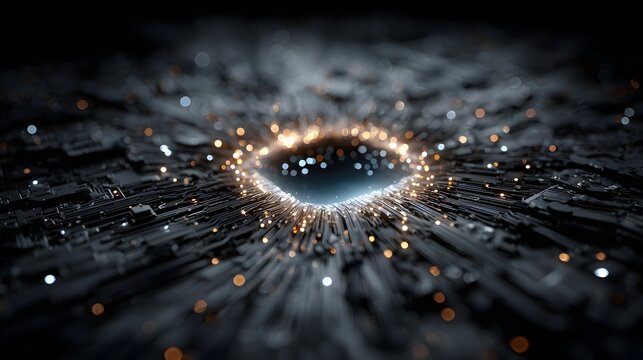Advanced quantum computer processor core with glowing light connections and complex circuit board architecture.