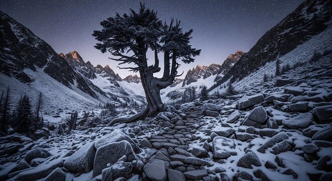 An old, gnarled tree standing lonely on a rocky mountain path covered with fresh winter snow during twilight