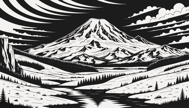 Very beautiful black-and-white engraved vector illustration featuring Mount Rainier rising above alpine meadows, evergreen forests, reflective lakes, and dramatic cloud formations in a timeless monoch