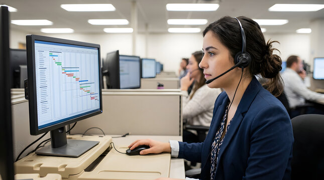 Professional woman wearing headset working on computer in call center office, managing project schedule on monitor for customer support service.