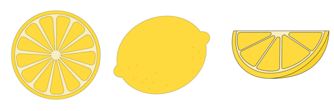 Flat style lemon illustration set featuring a whole lemon, half-cut lemon, and lemon wedge with clean outline. Simple, colorful fruit collection isolated on white background.