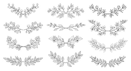 Collection of twelve hand drawn decorative floral wreaths and laurel branch elements in a rustic black and white style. © Mr
