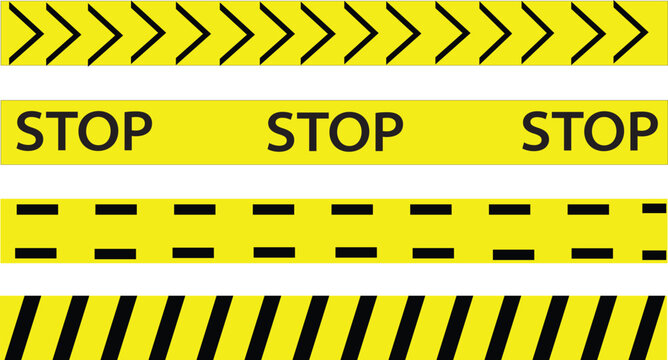Yellow warning tape with stop signs and patterns