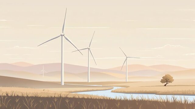 Serene landscape with wind turbines spinning beside a calm river under pastel sky