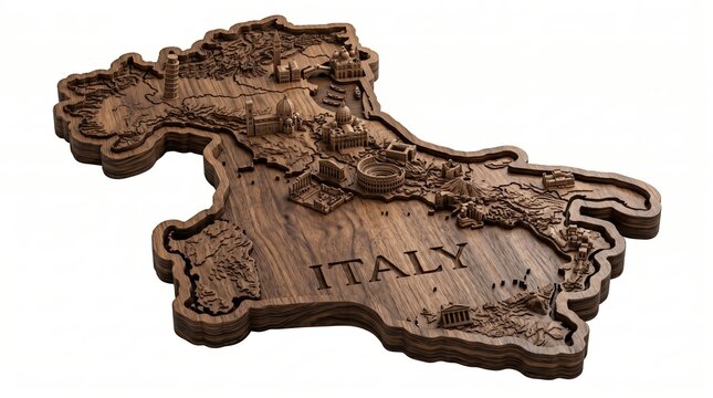 Detailed Wooden Map of Italy with Raised Relief and Text.