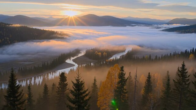 Breathtaking cinematic slow-motion aerial drone shot  flying slowly over the vast endless taiga forests of Siberia at golden hour sunrise