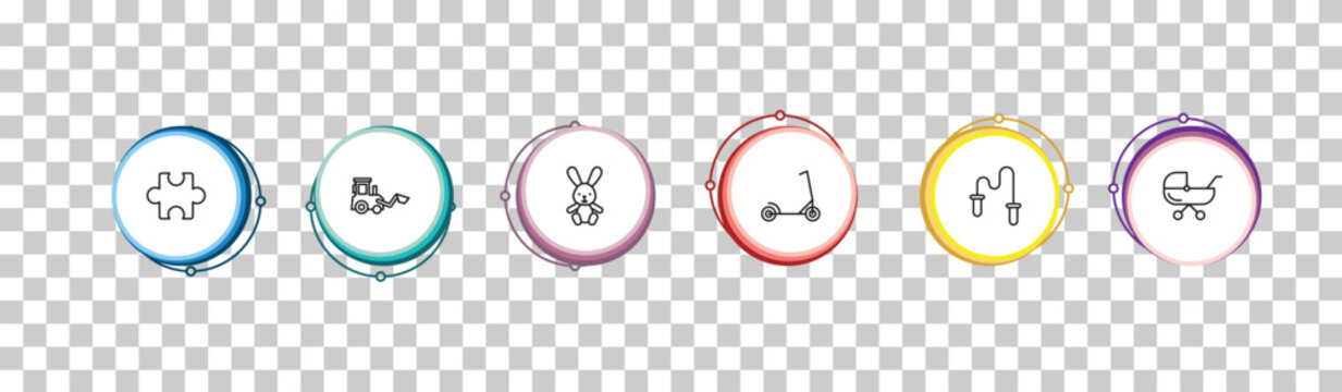 outline toys icons set - puzzle toy, digger toy, bunny toy, pram editable vector for web and mobile ui
