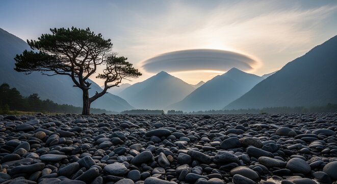 A dramatic landscape featuring a single tree on a stone plain with a unique flat lenticular cloud hovering over distant mountains at sunset