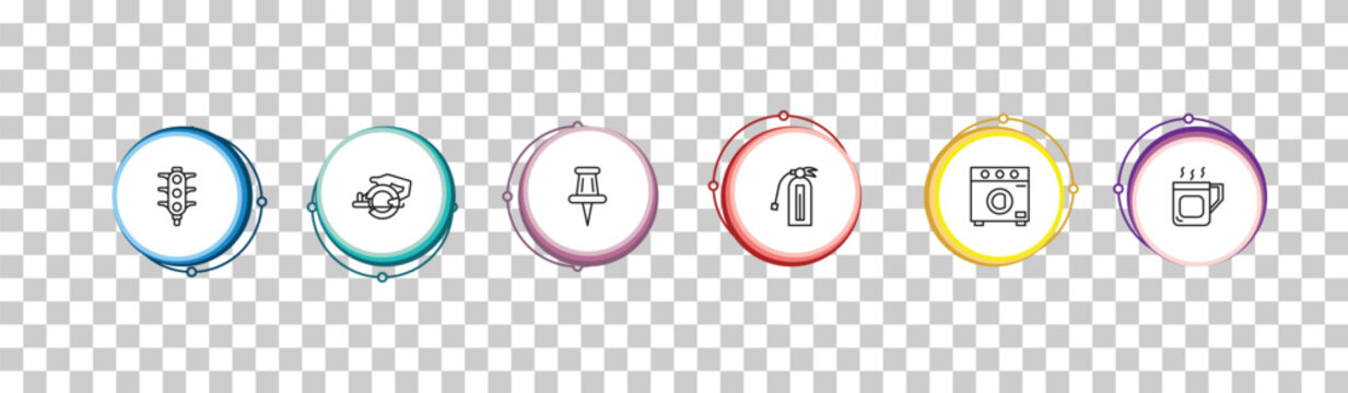 outline tools and utensils icons set - semaphore lights, power saw, school push pin, cup of hot coffee. editable vector for web and mobile ui