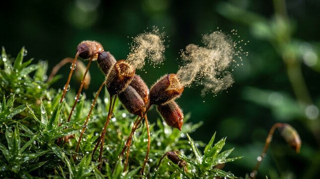 The Velvet Geyser: Moss Sporophyte Capsules Releasing Spores