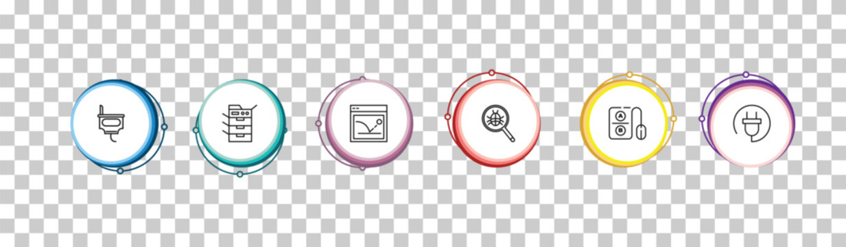 outline technology icons set - power plug, photocopier, bounce rate, basic plug. editable vector for web and mobile ui