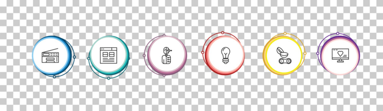 outline technology icons set - printer tool, user interface, humanoid robot, heart in a screen. editable vector for web and mobile ui