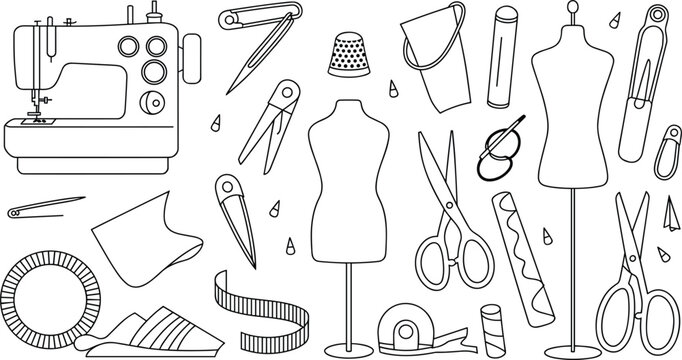 Sewing and tailoring tools line icon set including machine mannequin scissors measuring tape safety pins needles thimble vector doodle outlines on white