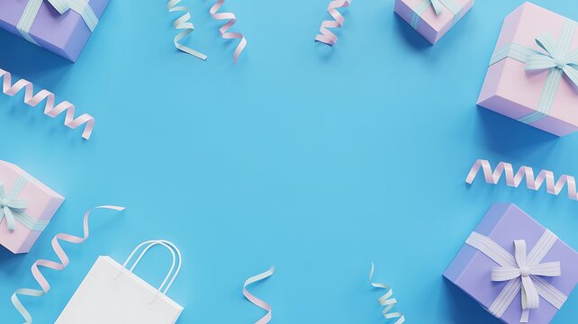 Colorful gift boxes and ribbons on blue background for celebration