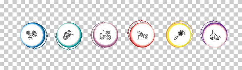 outline sport icons set - dumbbell for training, climbing with rope, bicycle for children, unicycling hockey. editable vector for web and mobile ui © IconArt
