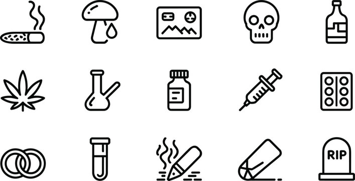 Minimalist linear substance abuse warning icon set vector illustration featuring black outline UI symbols for addiction narcotics health hazards and medical awareness
