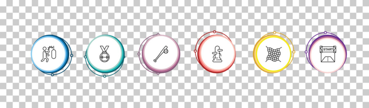 outline sports icons set - man punching, weight lifting medal, baseball, starting line. editable vector for web and mobile ui