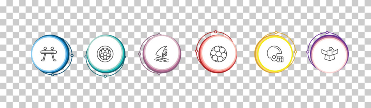 outline sports icons set - gymnastics, football ball circular, windsurf sea, mawashi. editable vector for web and mobile ui