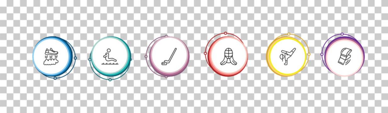 outline sport icons set - flying shoes, long jump, hockey, mixed martial arts. editable vector for web and mobile ui