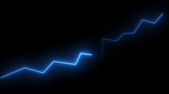 Business growth neon line graph animation with rising blue glowing chart on black background.