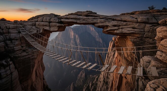 A shaky wooden footbridge spanning across a deep canyon, situated directly underneath a massive natural rock arch bridge during a scenic sunset