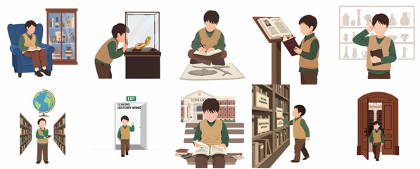 Set of illustrations showing a boy engaged in various learning activities at a history museum and library, researching artifacts and reading books. © Laafaa
