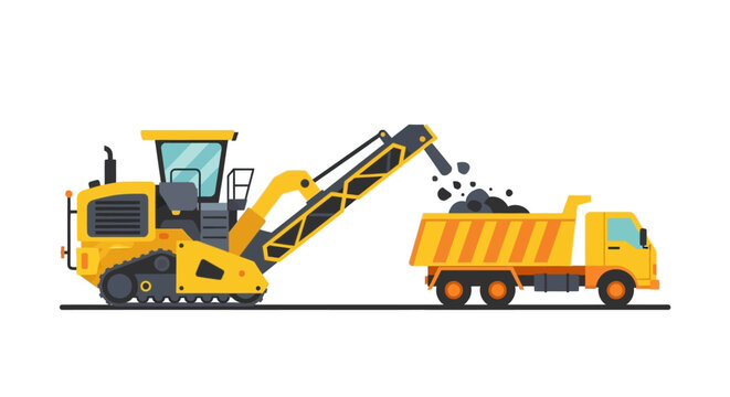 Yellow Cold Milling Machine Loading Asphalt into Dump Truck, Construction Site Heavy Equipment Vector Illustration