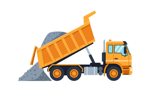 Yellow Construction Dump Truck Unloading Pile of Gravel, Flat Vector Illustration Isolated on White