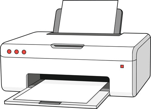 Black and white illustration of desktop printer with input tray, output tray, buttons, and indicator light, symbolizing office equipment, printing documents, and workplace design artwork.