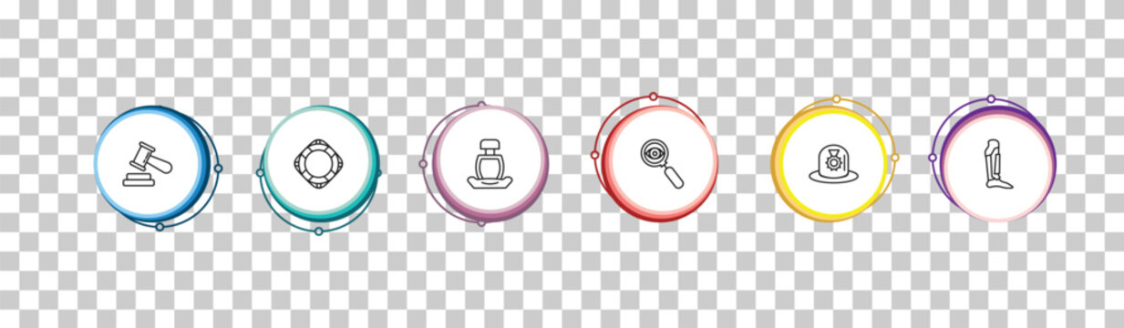 outline security icons set - court gavel, lifeguard float, safety seat, leg protector. editable vector for web and mobile ui