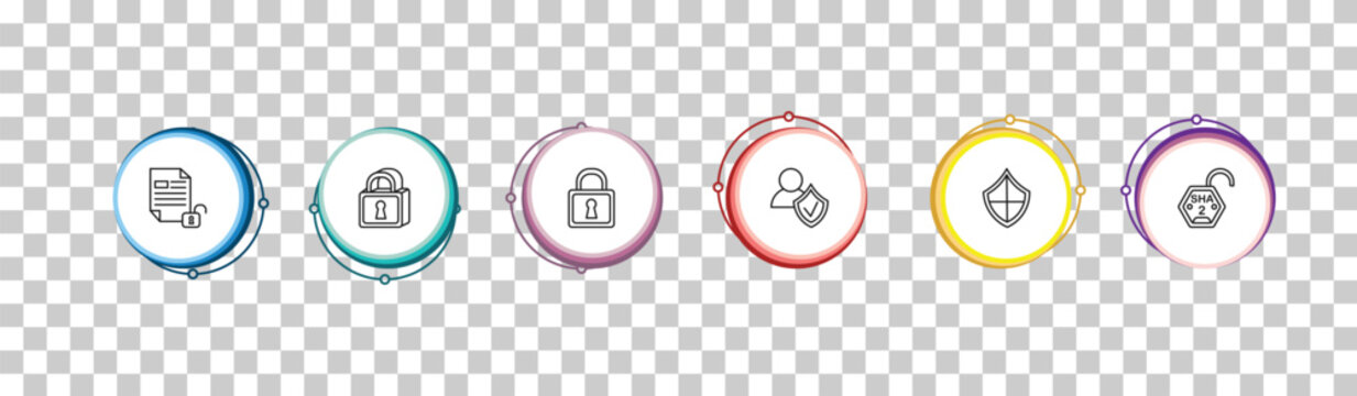outline security icons set - unlocked file, big lock, locked padlock, sha 2. editable vector for web and mobile ui