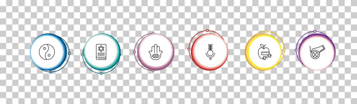 outline religion icons set - taoism, torah book, hamsa hand, eyd gun. editable vector for web and mobile ui