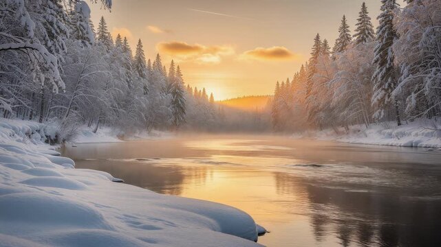 Serene winter river flowing gently under golden sunrise with snow-covered pine trees in peaceful nature landscape